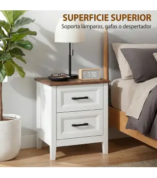 Mesilla de Noche con 2 Cajones Estilo Rústico Mesita para Salón Dormitorio 45x30x50 cm Blanco