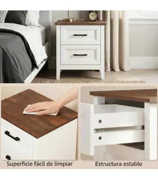 Mesilla de Noche con 2 Cajones Estilo Rústico Mesita para Salón Dormitorio 45x30x50 cm Blanco