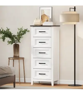 Cómoda Dormitorio Estrecho y Alto con Encimera Efecto Madera Cajonera para Espacios Pequeños 45x35x106 cm Blanco