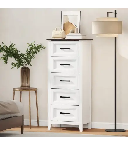 Cómoda Dormitorio Estrecho y Alto con Encimera Efecto Madera Cajonera para Espacios Pequeños 45x35x106 cm Blanco