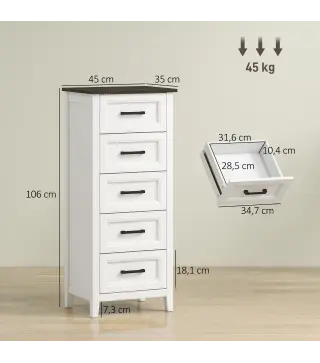 Cómoda Dormitorio Estrecho y Alto con Encimera Efecto Madera Cajonera para Espacios Pequeños 45x35x106 cm Blanco