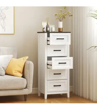 Cómoda Dormitorio Estrecho y Alto con Encimera Efecto Madera Cajonera para Espacios Pequeños 45x35x106 cm Blanco