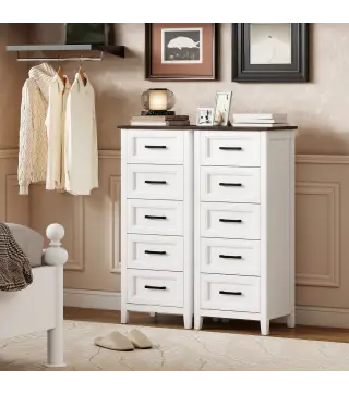 Cómoda Dormitorio Estrecho y Alto con Encimera Efecto Madera Cajonera para Espacios Pequeños 45x35x106 cm Blanco