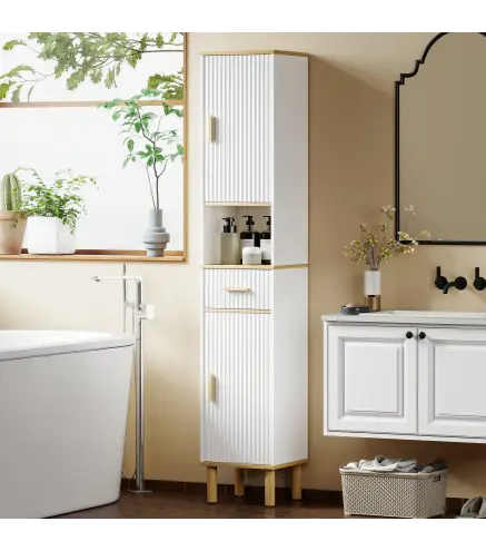 Columna de Baño Estrecha con Estantes Ajustables Cajón Compartimento Abierto 31,5x29,7x171,5 cm Blanco