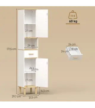 Columna de Baño Estrecha con Estantes Ajustables Cajón Compartimento Abierto 31,5x29,7x171,5 cm Blanco