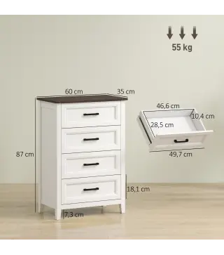 Cómoda Dormitorio Estrecho y Alto con Encimera Efecto Madera Cajonera para Espacios Pequeños 60x35x87 cm Blanco