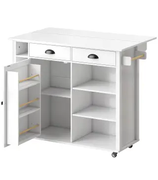 Isla de Cocina con Ruedas Tapa Abatible Especiero Toallero Armario 2 Cajones 117,5x70x91 cm Blanco