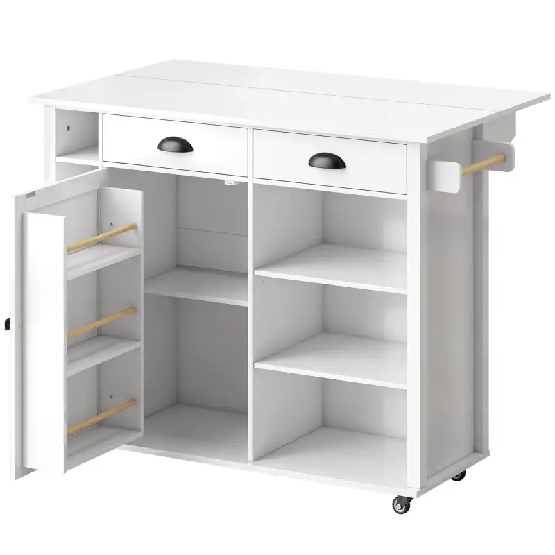 Isla de Cocina con Ruedas Tapa Abatible Especiero Toallero Armario 2 Cajones 117,5x70x91 cm Blanco