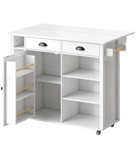 Isla de Cocina con Ruedas Tapa Abatible Especiero Toallero Armario 2 Cajones 117,5x70x91 cm Blanco