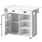 Isla de Cocina con Ruedas Tapa Abatible Especiero Toallero Armario 2 Cajones 117,5x70x91 cm Blanco