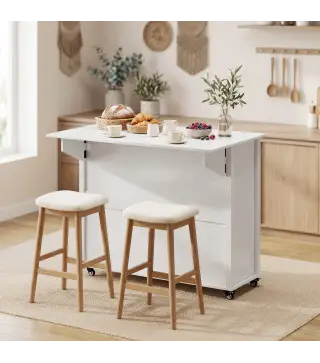 Isla de Cocina con Ruedas Tapa Abatible Especiero Toallero Armario 2 Cajones 117,5x70x91 cm Blanco