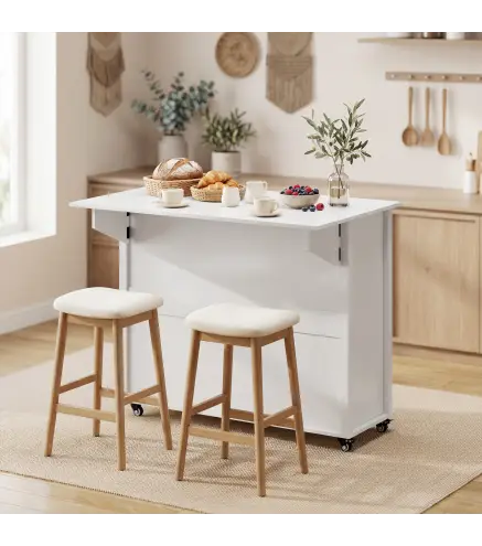 Isla de Cocina con Ruedas Tapa Abatible Especiero Toallero Armario 2 Cajones 117,5x70x91 cm Blanco