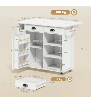 Isla de Cocina con Ruedas Tapa Abatible Especiero Toallero Armario 2 Cajones 117,5x70x91 cm Blanco