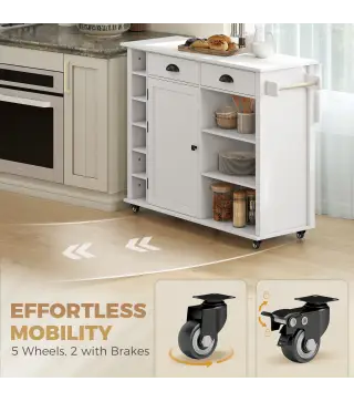 Isla de Cocina con Ruedas Tapa Abatible Especiero Toallero Armario 2 Cajones 117,5x70x91 cm Blanco