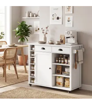 Isla de Cocina con Ruedas Tapa Abatible Especiero Toallero Armario 2 Cajones 117,5x70x91 cm Blanco