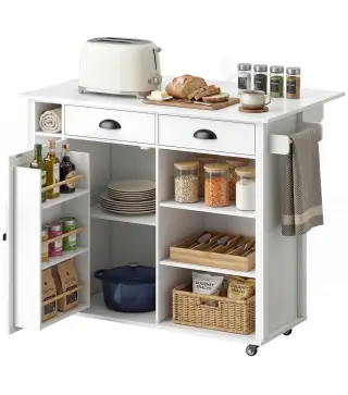 Isla de Cocina con Ruedas Tapa Abatible Especiero Toallero Armario 2 Cajones 117,5x70x91 cm Blanco