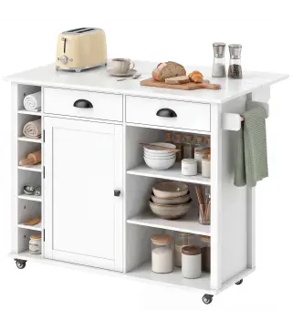 Isla de Cocina con Ruedas Tapa Abatible Especiero Toallero Armario 2 Cajones 117,5x70x91 cm Blanco