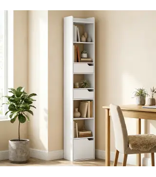 Estantería para Libros con 2 Cajones y Puerta Librería Estrecha con 6 Estantes Abiertos 32x24x181,5 cm Blanco