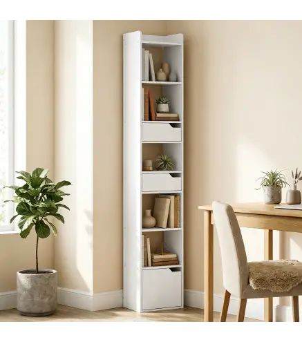 Estantería para Libros con 2 Cajones y Puerta Librería Estrecha con 6 Estantes Abiertos 32x24x181,5 cm Blanco