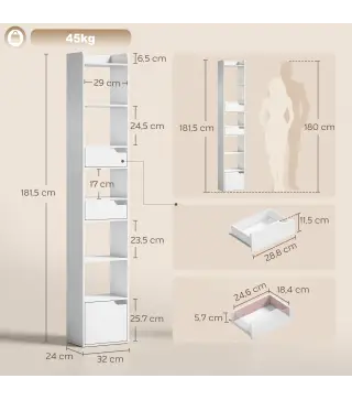Estantería para Libros con 2 Cajones y Puerta Librería Estrecha con 6 Estantes Abiertos 32x24x181,5 cm Blanco