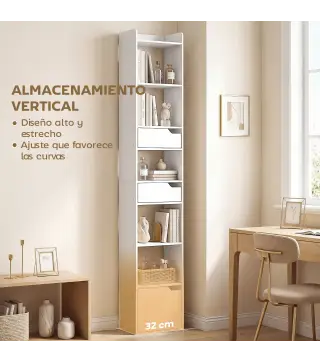 Estantería para Libros con 2 Cajones y Puerta Librería Estrecha con 6 Estantes Abiertos 32x24x181,5 cm Blanco