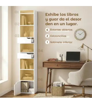 Estantería para Libros con 2 Cajones y Puerta Librería Estrecha con 6 Estantes Abiertos 32x24x181,5 cm Blanco