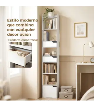 Estantería para Libros con 2 Cajones y Puerta Librería Estrecha con 6 Estantes Abiertos 32x24x181,5 cm Blanco