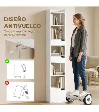 Estantería para Libros con 2 Cajones y Puerta Librería Estrecha con 6 Estantes Abiertos 32x24x181,5 cm Blanco