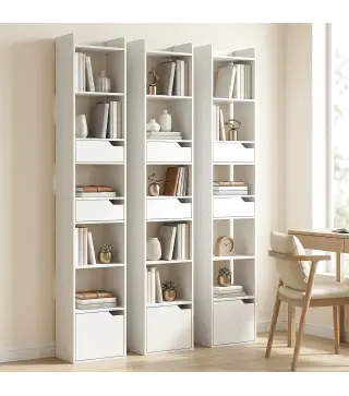 Estantería para Libros con 2 Cajones y Puerta Librería Estrecha con 6 Estantes Abiertos 32x24x181,5 cm Blanco