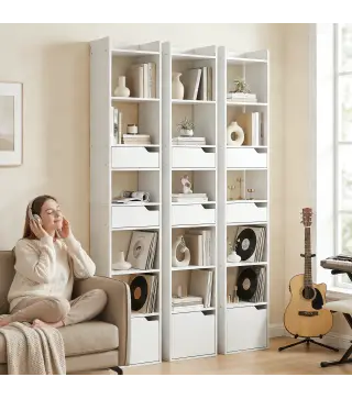 Estantería para Libros con 2 Cajones y Puerta Librería Estrecha con 6 Estantes Abiertos 32x24x181,5 cm Blanco