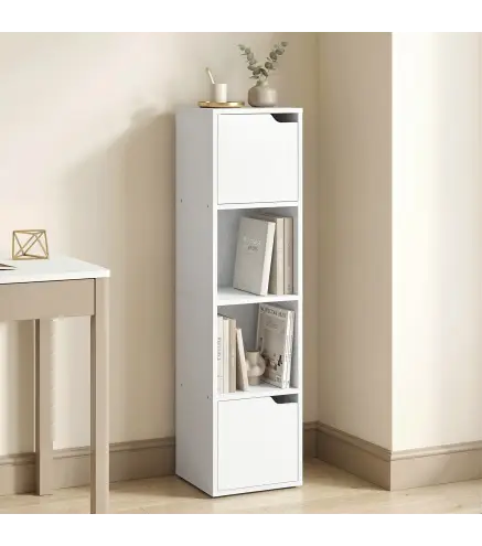 Estantería para Libros con 2 Puertas Librería Estrecha de 4 Niveles con 2 Estantes Abiertos 30x29x119 cm Blanco