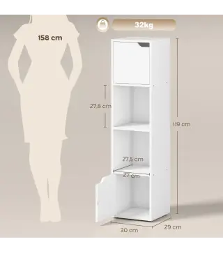 Estantería para Libros con 2 Puertas Librería Estrecha de 4 Niveles con 2 Estantes Abiertos 30x29x119 cm Blanco