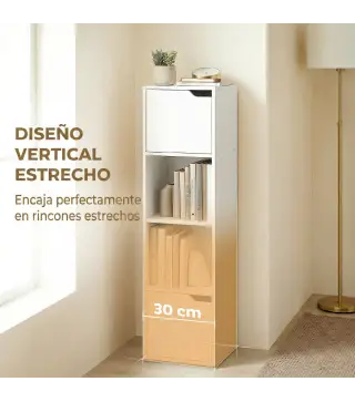 Estantería para Libros con 2 Puertas Librería Estrecha de 4 Niveles con 2 Estantes Abiertos 30x29x119 cm Blanco