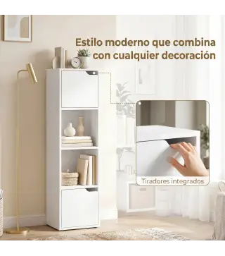 Estantería para Libros con 2 Puertas Librería Estrecha de 4 Niveles con 2 Estantes Abiertos 30x29x119 cm Blanco