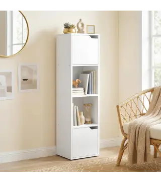 Estantería para Libros con 2 Puertas Librería Estrecha de 4 Niveles con 2 Estantes Abiertos 30x29x119 cm Blanco