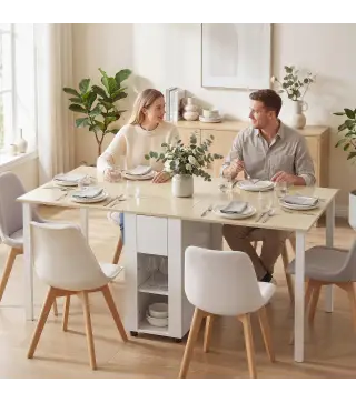 Mesa de Cocina Plegable para 6 Personas con Alas Abatibles Cajón Estantes Abiertos 168,2x85x73 cm Blanco