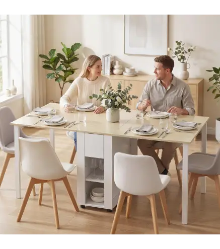 Mesa de Cocina Plegable para 6 Personas con Alas Abatibles Cajón Estantes Abiertos 168,2x85x73 cm Blanco