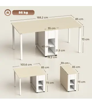 Mesa de Cocina Plegable para 6 Personas con Alas Abatibles Cajón Estantes Abiertos 168,2x85x73 cm Blanco