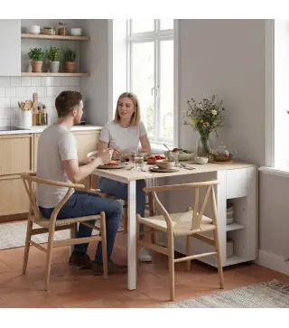 Mesa de Cocina Plegable para 6 Personas con Alas Abatibles Cajón Estantes Abiertos 168,2x85x73 cm Blanco