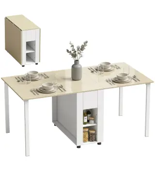 Mesa de Cocina Plegable para 6 Personas con Alas Abatibles Cajón Estantes Abiertos 168,2x85x73 cm Blanco