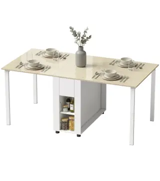 Mesa de Cocina Plegable para 6 Personas con Alas Abatibles Cajón Estantes Abiertos 168,2x85x73 cm Blanco