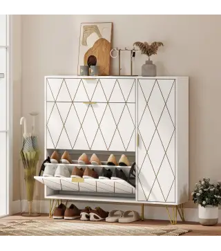 Mueble Zapatero Moderno con 2 Cajones Abatibles Armario y Estantes Ajustables para 10-14 Pares de Zapatos Blanco