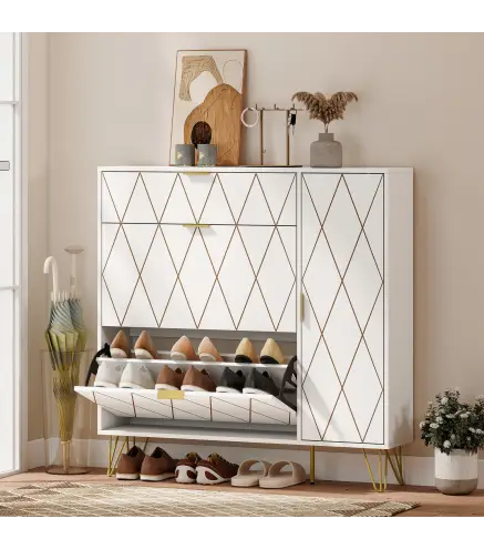 Mueble Zapatero Moderno con 2 Cajones Abatibles Armario y Estantes Ajustables para 10-14 Pares de Zapatos Blanco