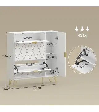 Mueble Zapatero Moderno con 2 Cajones Abatibles Armario y Estantes Ajustables para 10-14 Pares de Zapatos Blanco