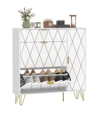 Mueble Zapatero Moderno con 2 Cajones Abatibles Armario y Estantes Ajustables para 10-14 Pares de Zapatos Blanco