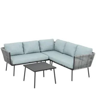 Conjunto de Muebles de Ratán de Exterior Sofá de Esquina con Cojines y Mesa de Centro para Terraza Patio Azul Claro