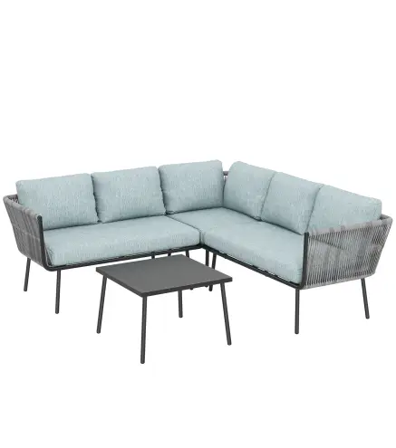 Conjunto de Muebles de Ratán de Exterior Sofá de Esquina con Cojines y Mesa de Centro para Terraza Patio Azul Claro