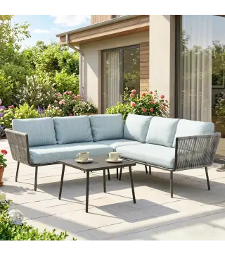 Conjunto de Muebles de Ratán de Exterior Sofá de Esquina con Cojines y Mesa de Centro para Terraza Patio Azul Claro