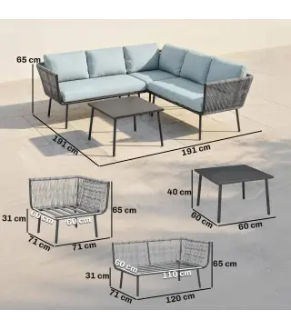 Conjunto de Muebles de Ratán de Exterior Sofá de Esquina con Cojines y Mesa de Centro para Terraza Patio Azul Claro