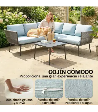 Conjunto de Muebles de Ratán de Exterior Sofá de Esquina con Cojines y Mesa de Centro para Terraza Patio Azul Claro